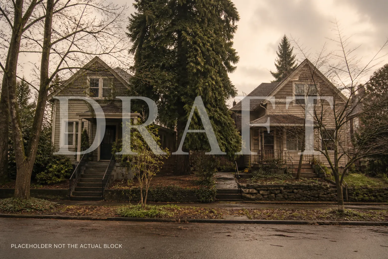 Draft placeholder of the 24th Ave pair, viewed from the street. Watermarked DRAFT.